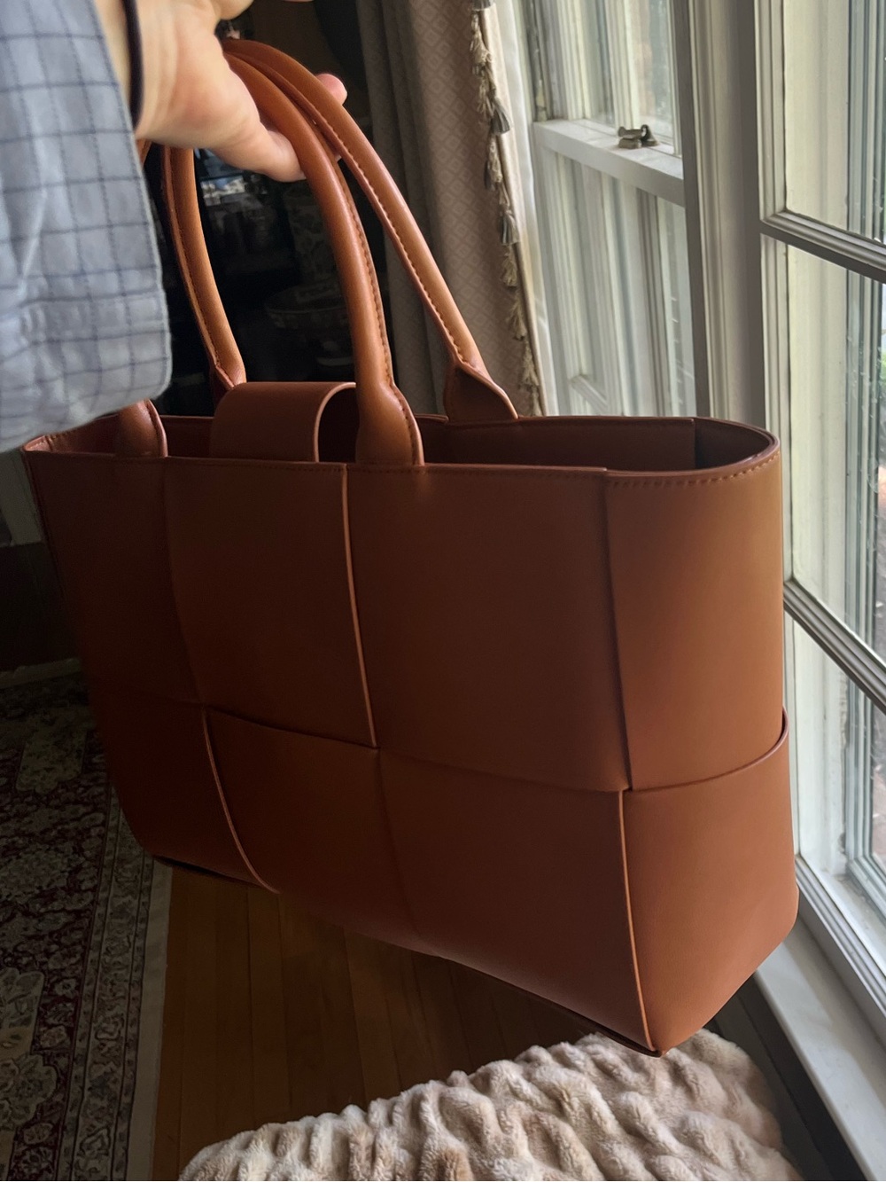 The Mega Tessare Woven Leather Handbag in Saddle by J.McLaughlin - Picture 3 of 9